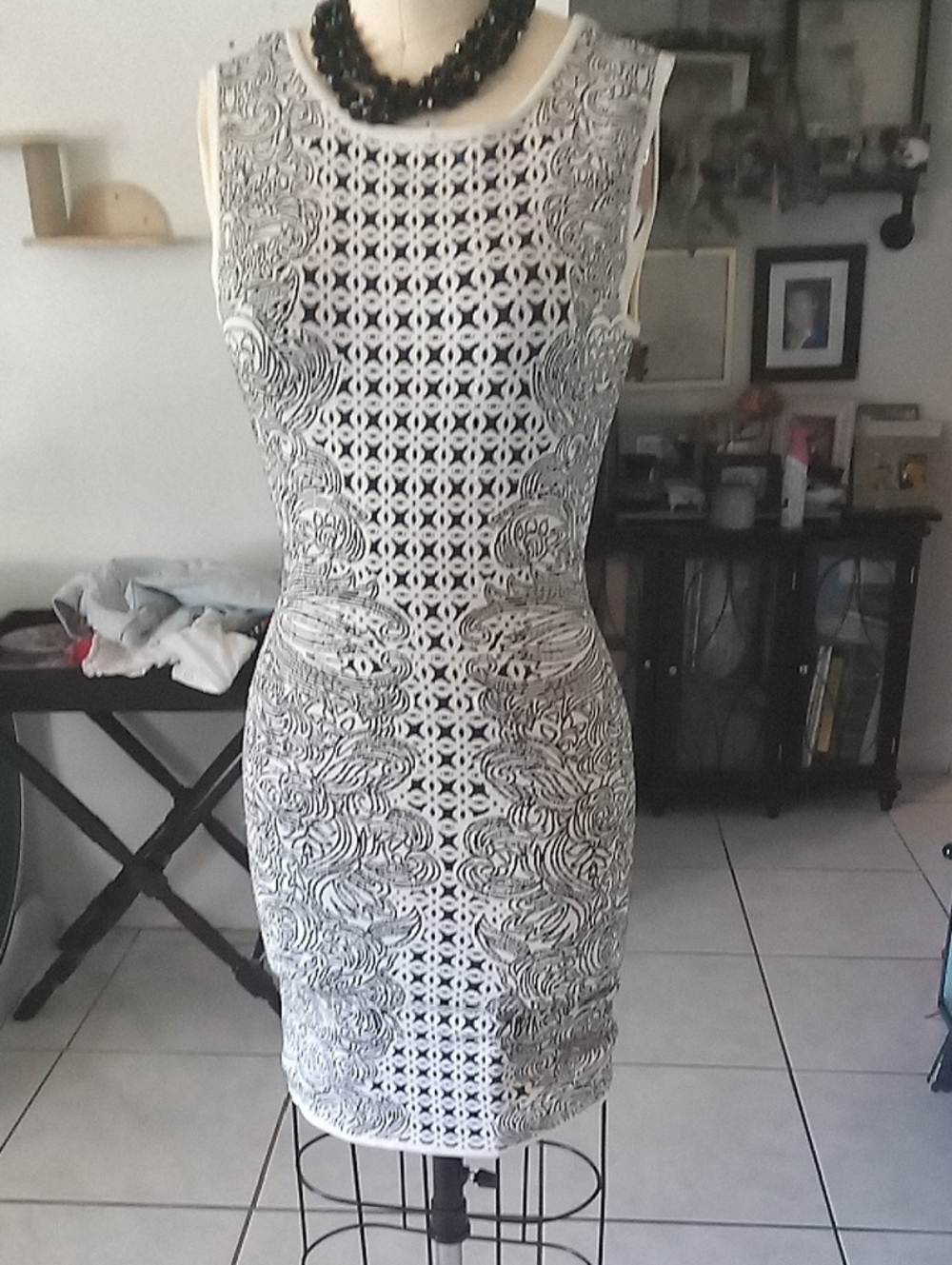 BCBGMaxAzria White and Gray Crochet Mini Dress mannequin Is Size 6..Fits Perfect